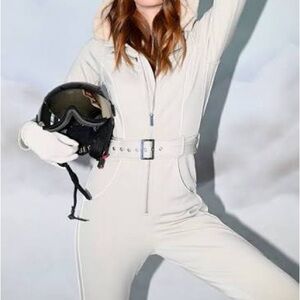 We Wore What Faux Fur Collar apres ski suit in ivory white